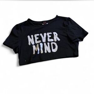 ROMWE Black Crop Top with 'Never Mind' Print